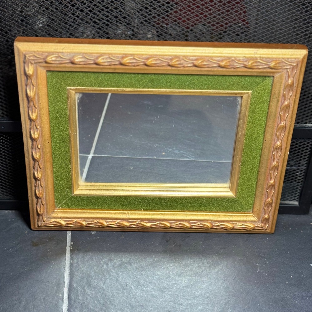 Vintage Gold Gilt Wood Wall Mirror Green Velvet Inset Frame Made in Taiwan 8x10
